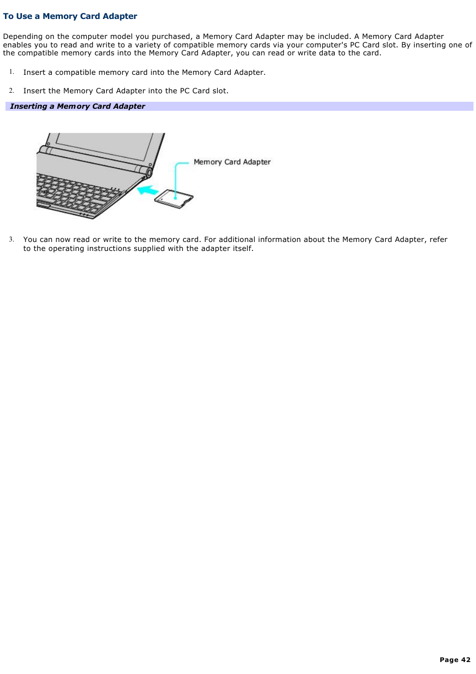 To use a memory card adapter | Sony VGN-X505ZP User Manual | Page 42 / 135