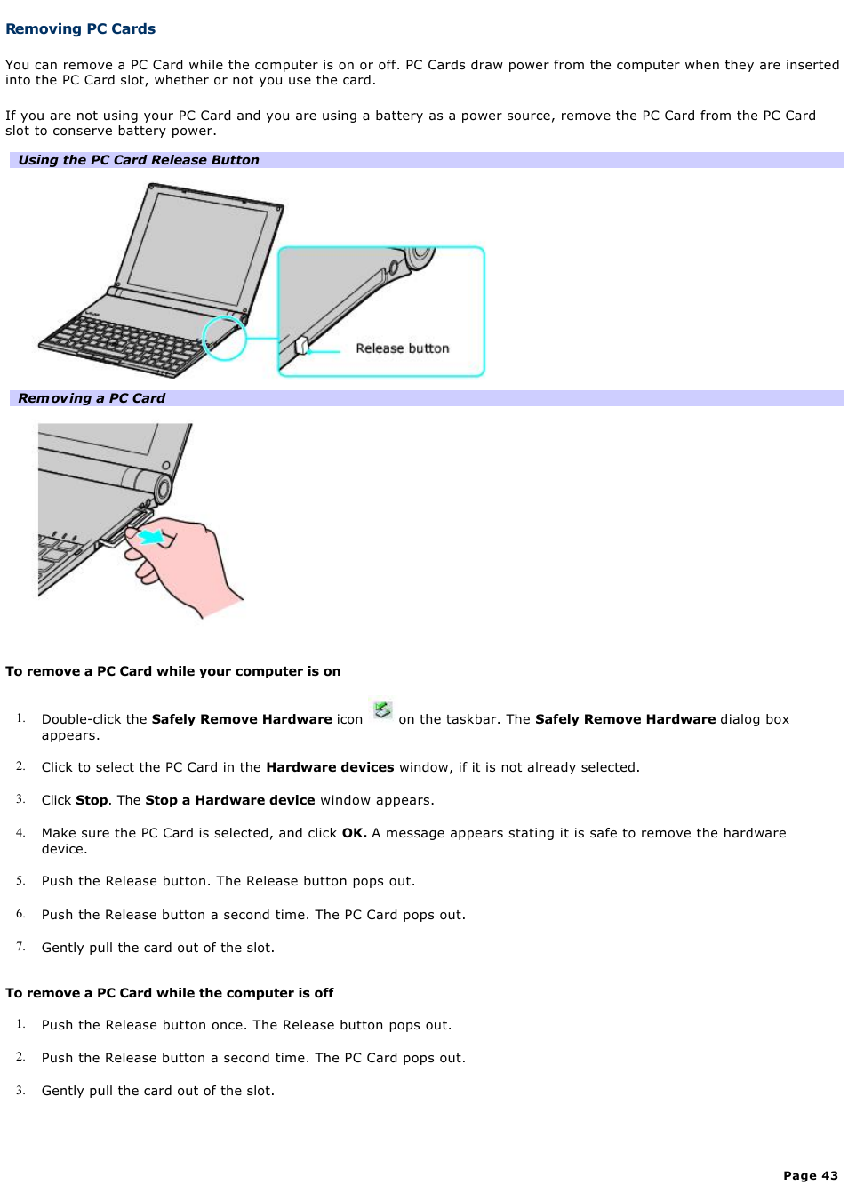 Removing pc cards | Sony VGN-X505ZP User Manual | Page 43 / 135