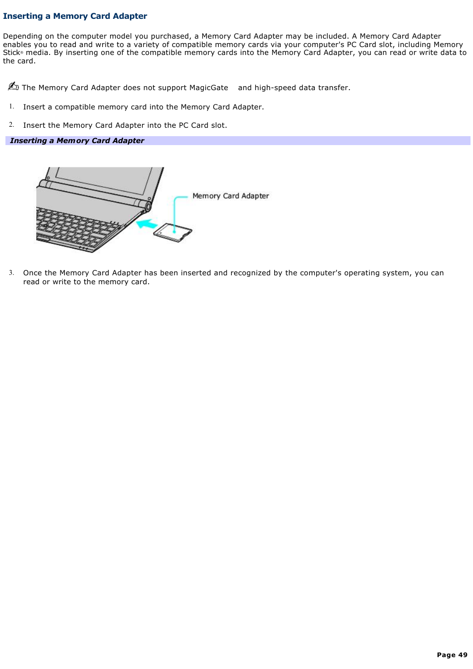 Inserting a memory card adapter | Sony VGN-X505ZP User Manual | Page 49 / 135