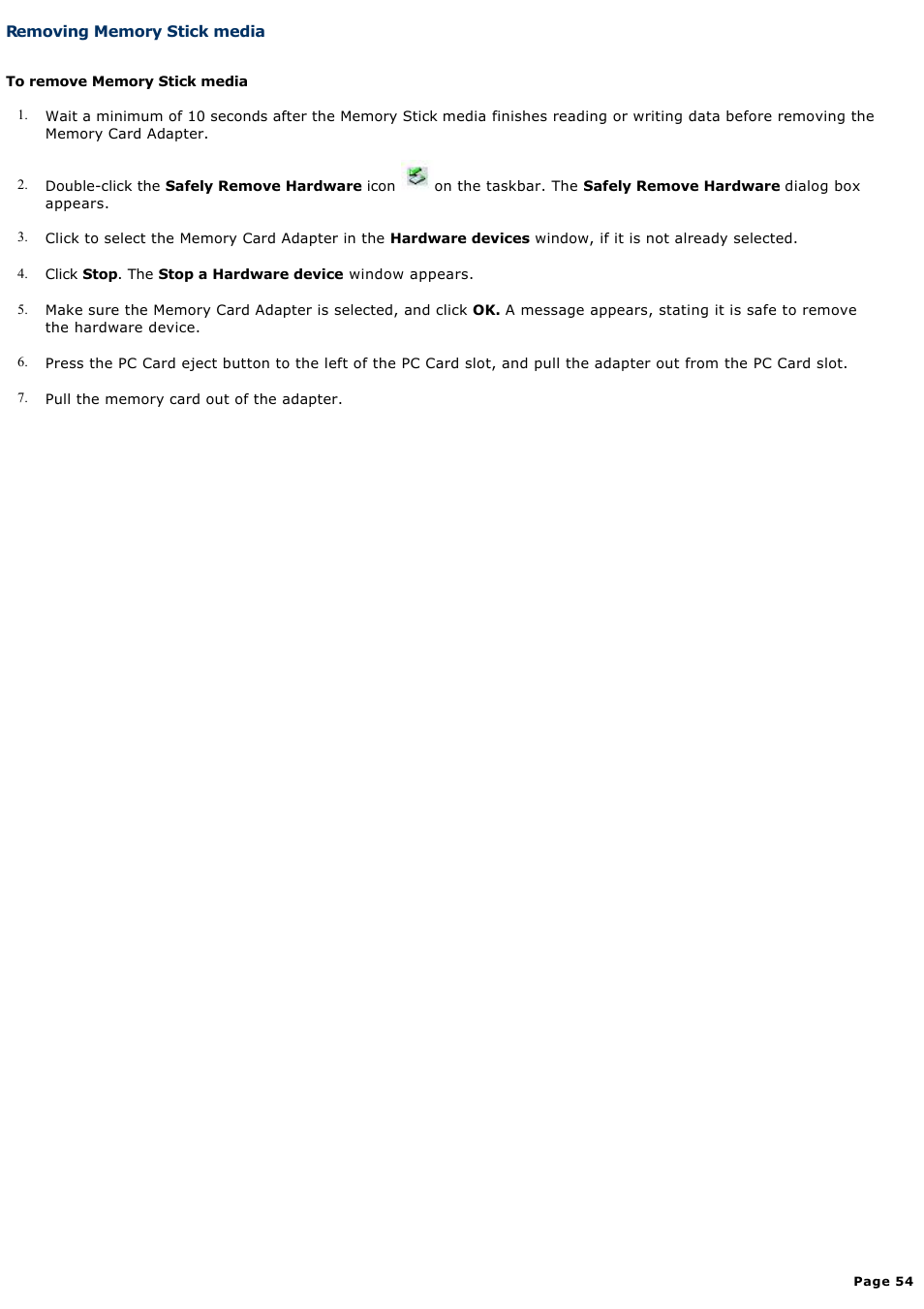 Removing memory stick media | Sony VGN-X505ZP User Manual | Page 54 / 135