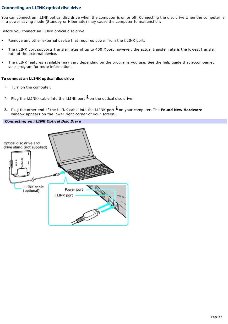 Connecting an i.link optical disc drive | Sony VGN-X505ZP User Manual | Page 57 / 135