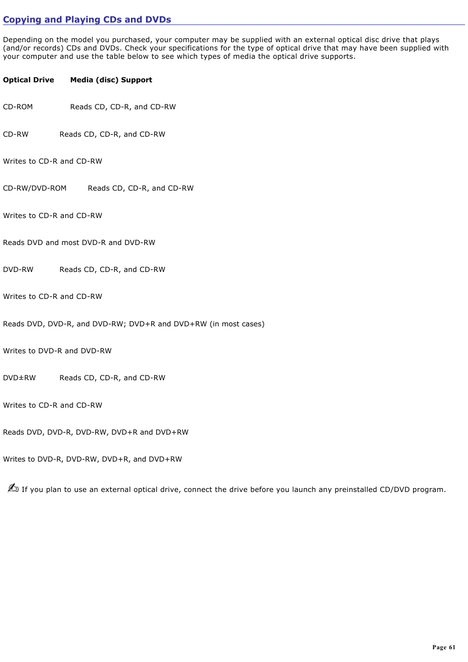 Copying and playing cds and dvds | Sony VGN-X505ZP User Manual | Page 61 / 135