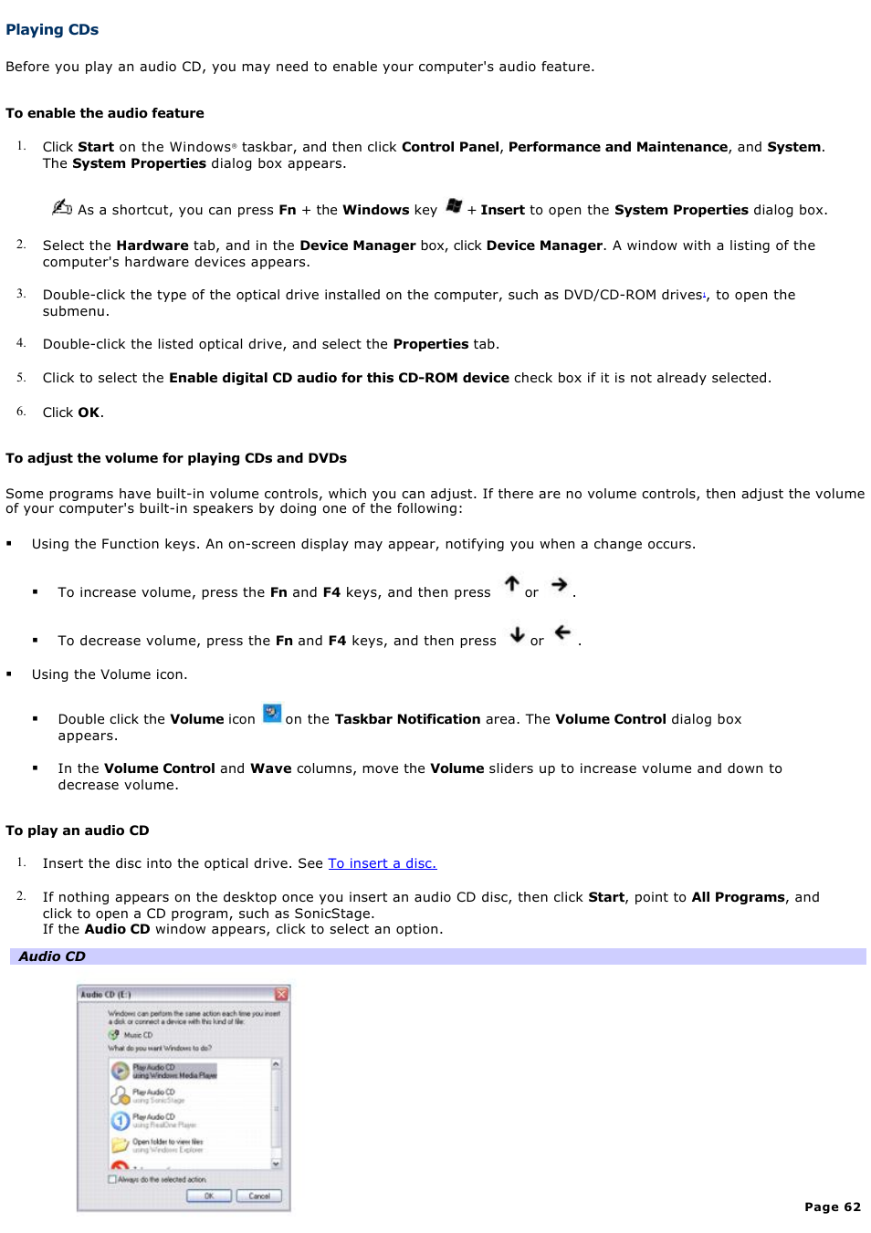 Playing cds | Sony VGN-X505ZP User Manual | Page 62 / 135