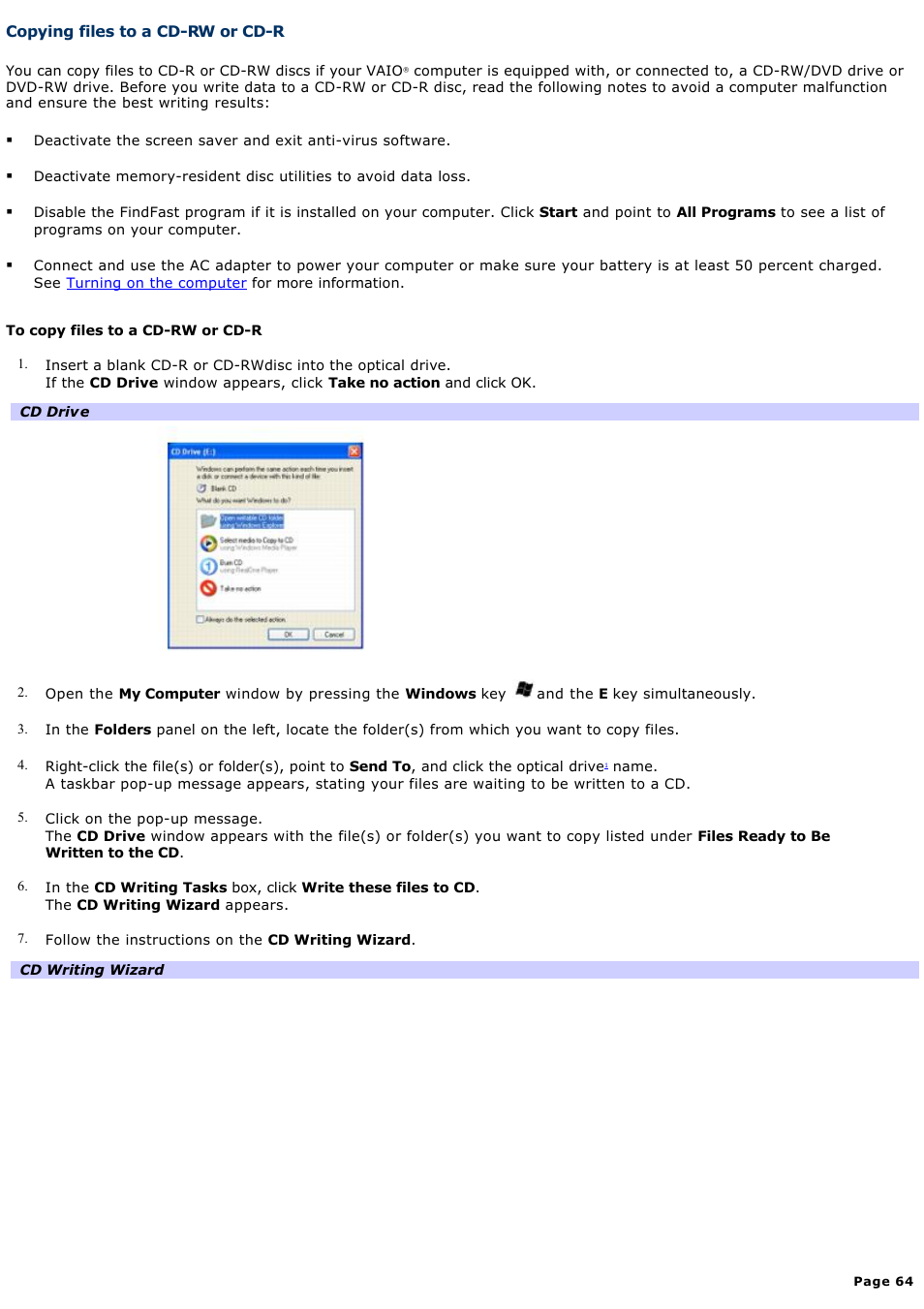 Copying files to a cd-rw or cd-r | Sony VGN-X505ZP User Manual | Page 64 / 135