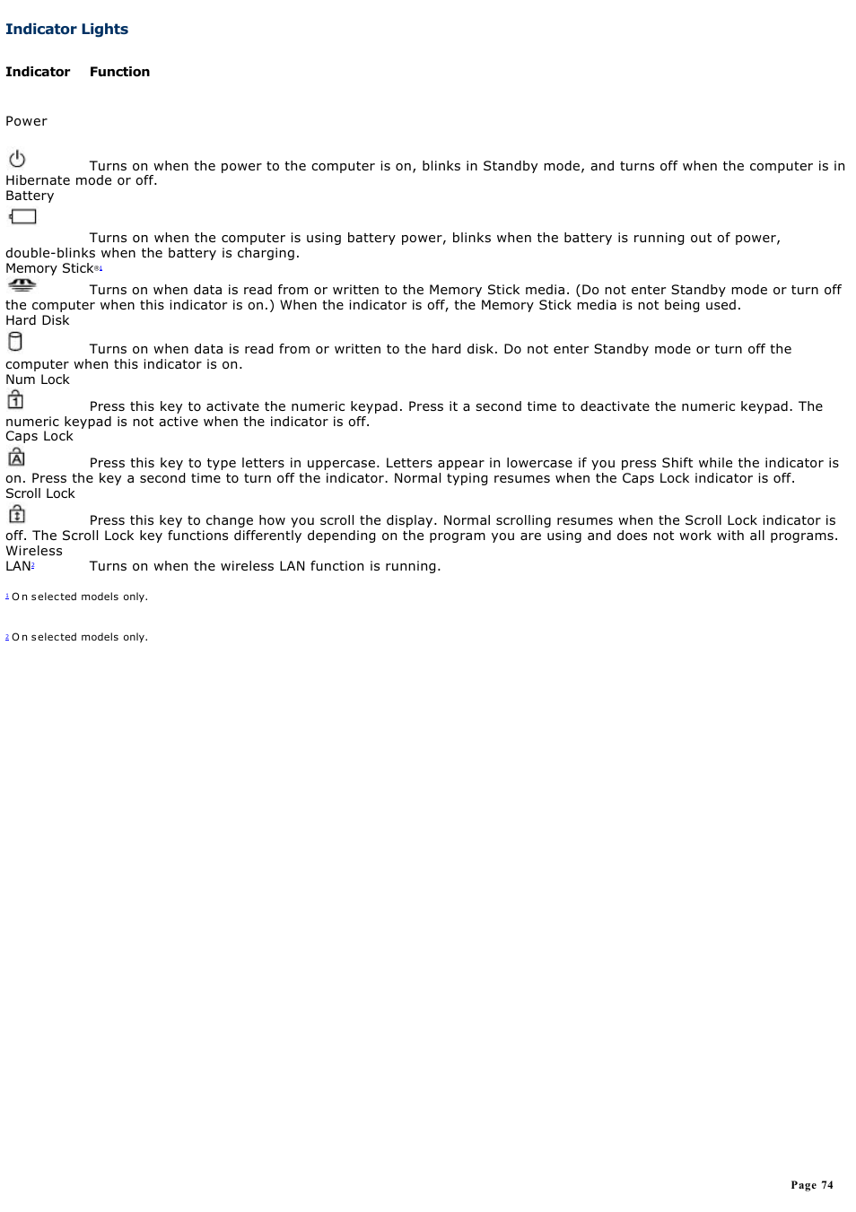 Indicator lights | Sony VGN-X505ZP User Manual | Page 74 / 135