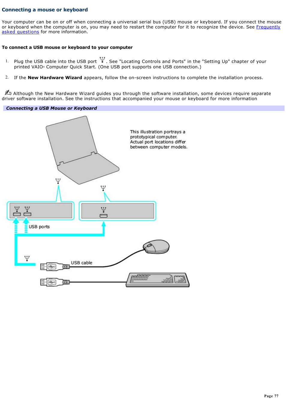 Connecting a mouse or keyboard | Sony VGN-X505ZP User Manual | Page 77 / 135