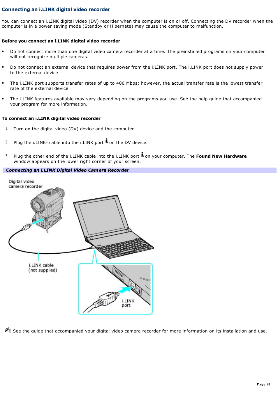 Connecting an i.link digital video recorder | Sony VGN-X505ZP User Manual | Page 81 / 135