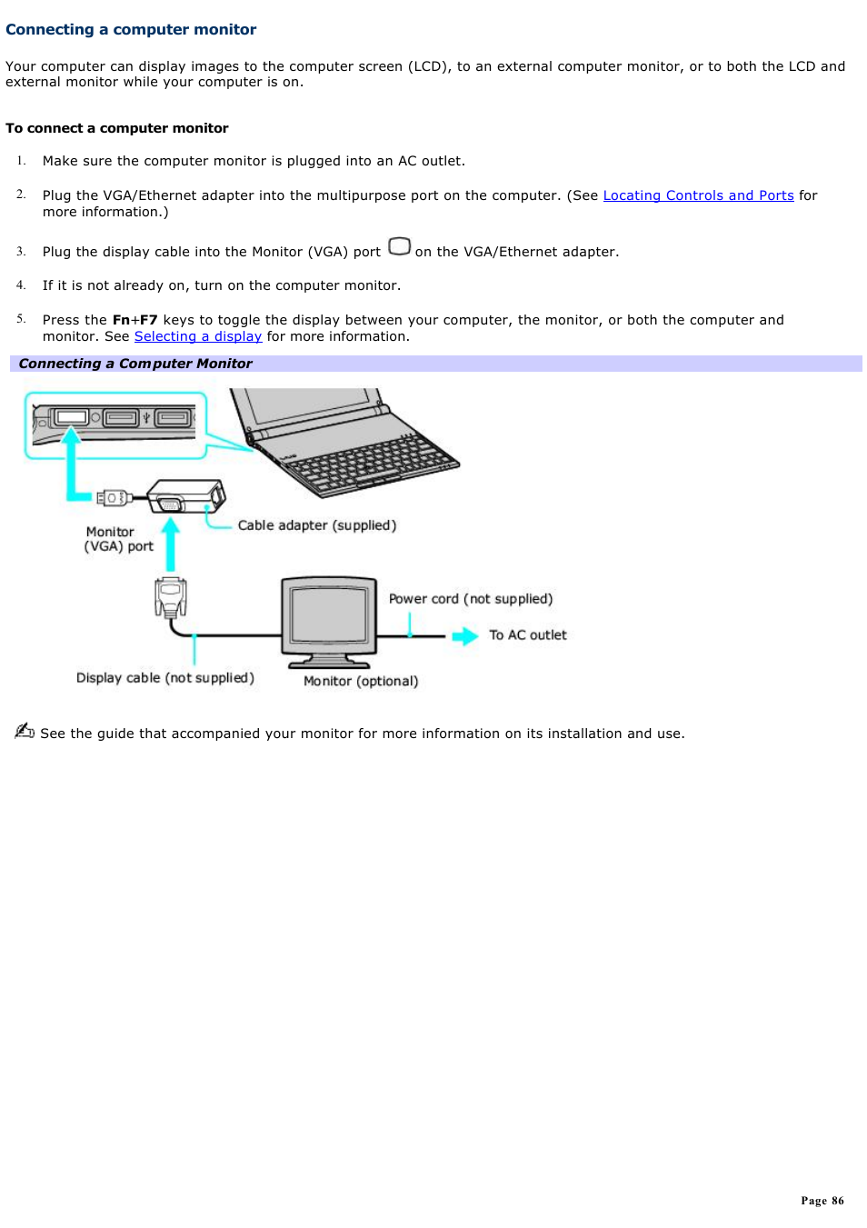 Connecting a computer monitor | Sony VGN-X505ZP User Manual | Page 86 / 135