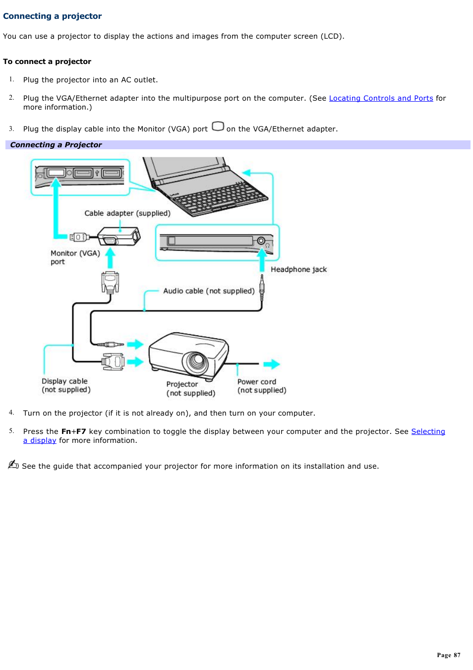 Connecting a projector | Sony VGN-X505ZP User Manual | Page 87 / 135