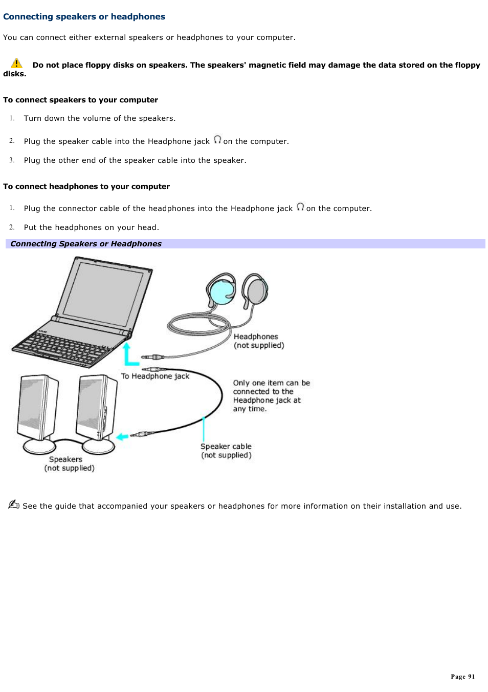 Connecting speakers or headphones | Sony VGN-X505ZP User Manual | Page 91 / 135