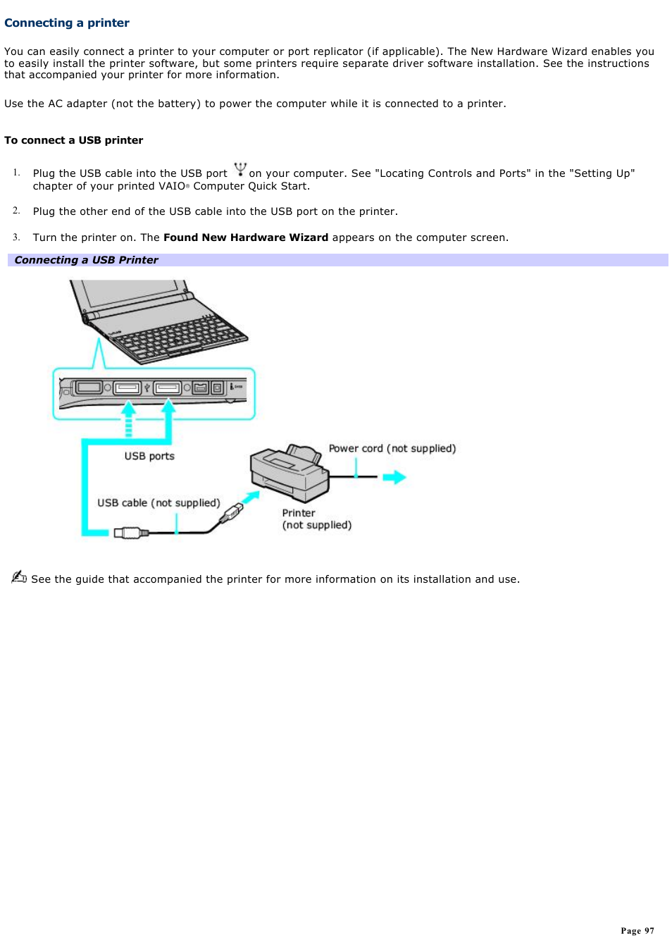 Connecting a printer | Sony VGN-X505ZP User Manual | Page 97 / 135