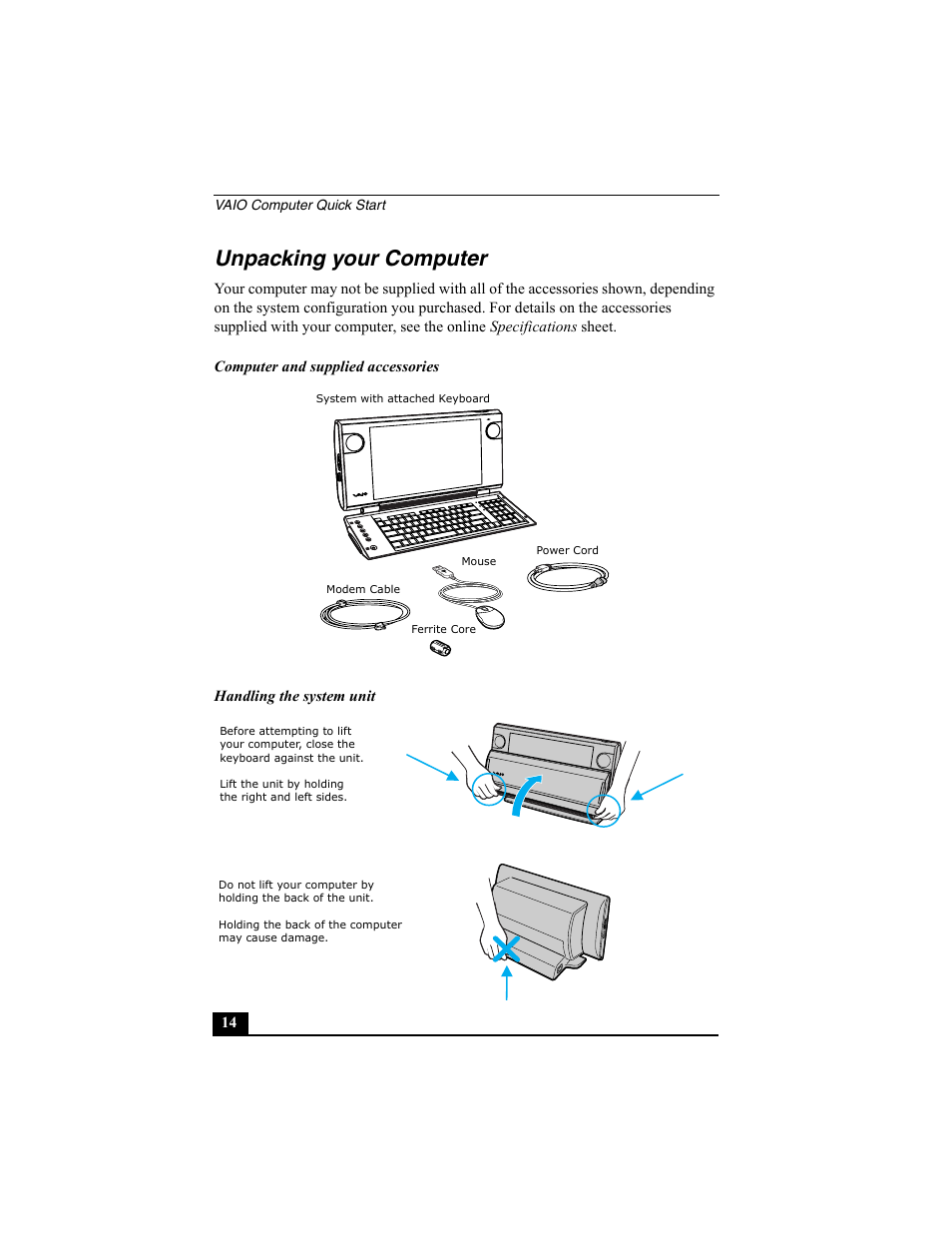 Unpacking your computer | Sony PCV-W30 User Manual | Page 14 / 52