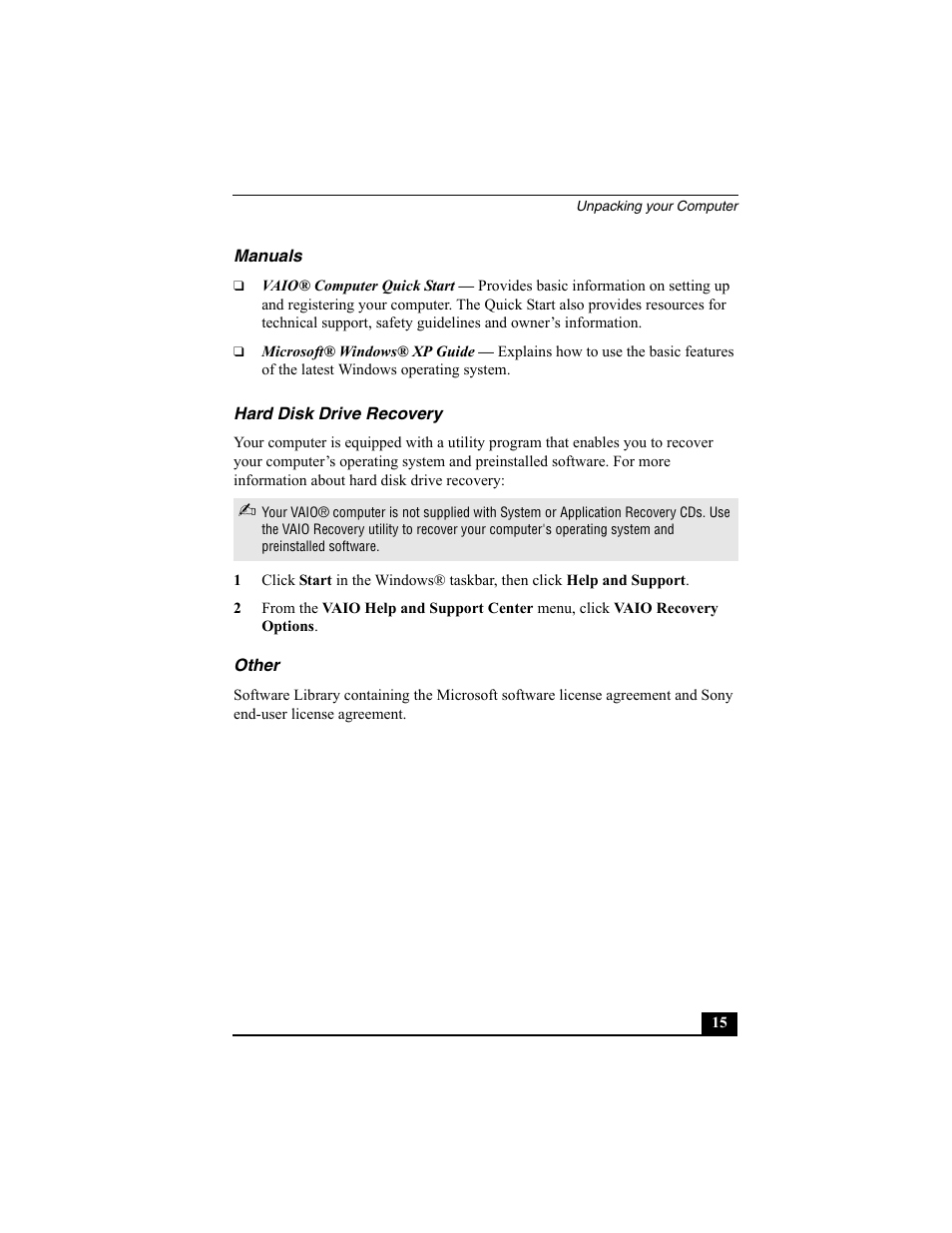 Manuals, Hard disk drive recovery, Other | Sony PCV-W30 User Manual | Page 15 / 52