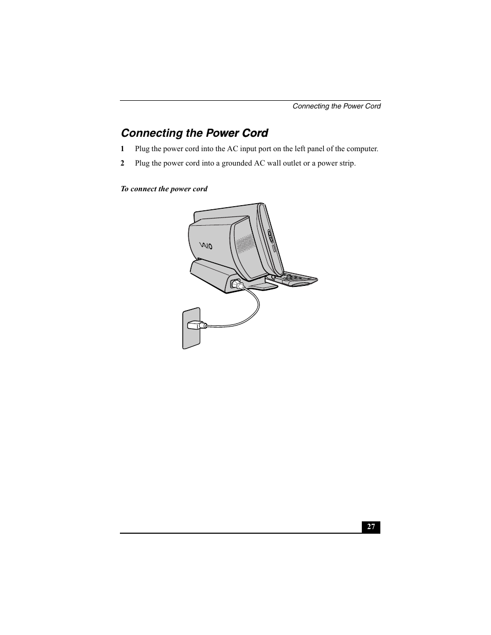 Connecting the power cord, Connecting the power cord wer cord | Sony PCV-W30 User Manual | Page 27 / 52