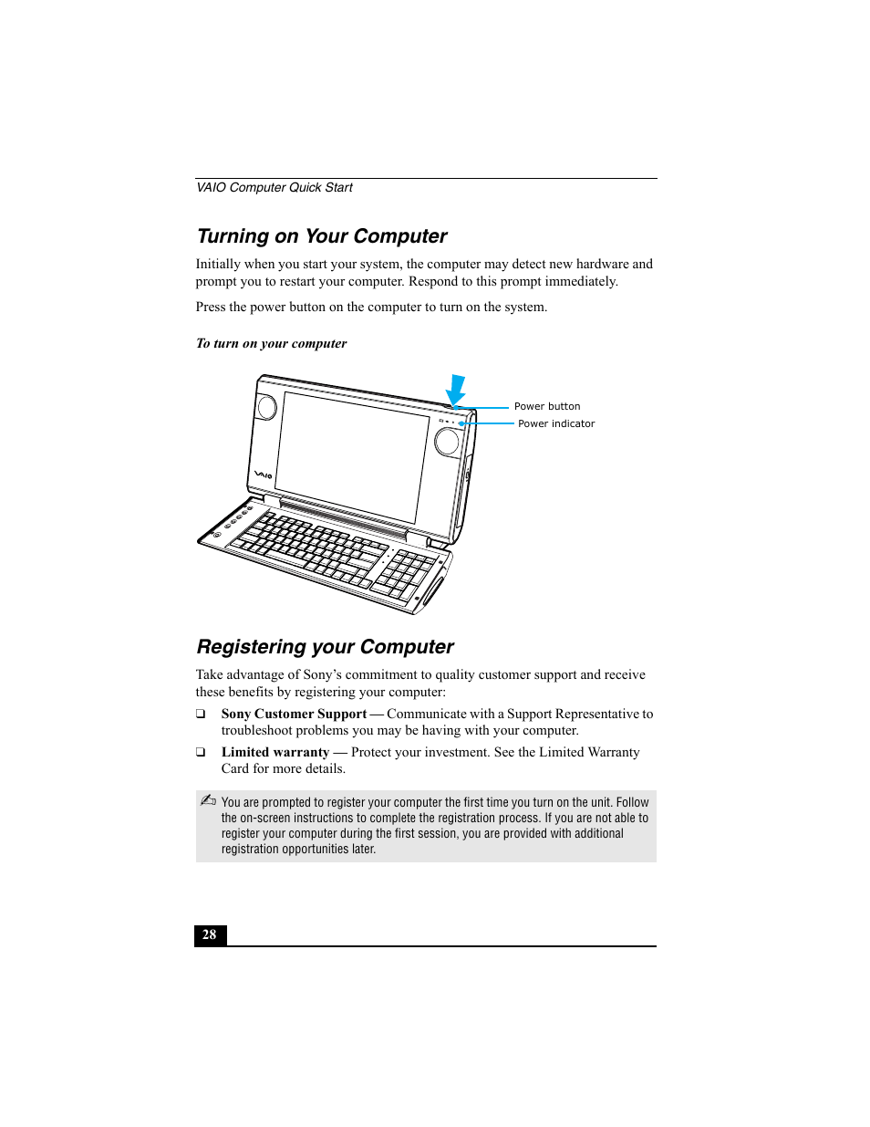 Turning on your computer, Registering your computer | Sony PCV-W30 User Manual | Page 28 / 52