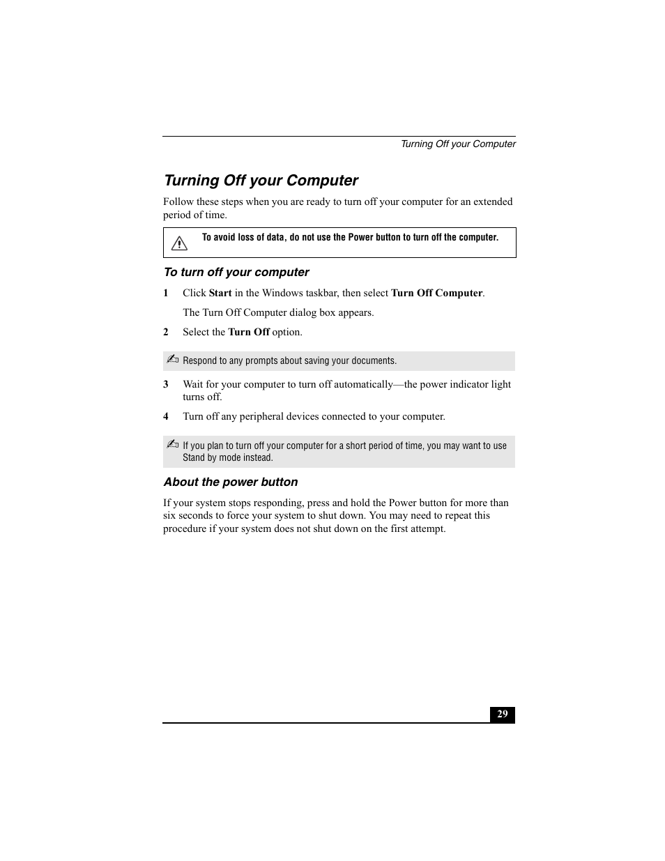 Turning off your computer, To turn off your computer, About the power button | Sony PCV-W30 User Manual | Page 29 / 52