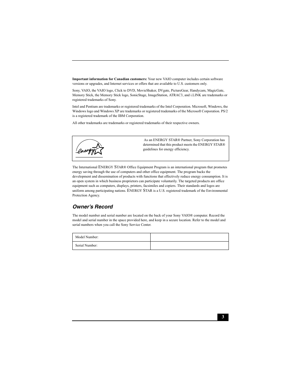 Owner’s record | Sony PCV-W30 User Manual | Page 3 / 52