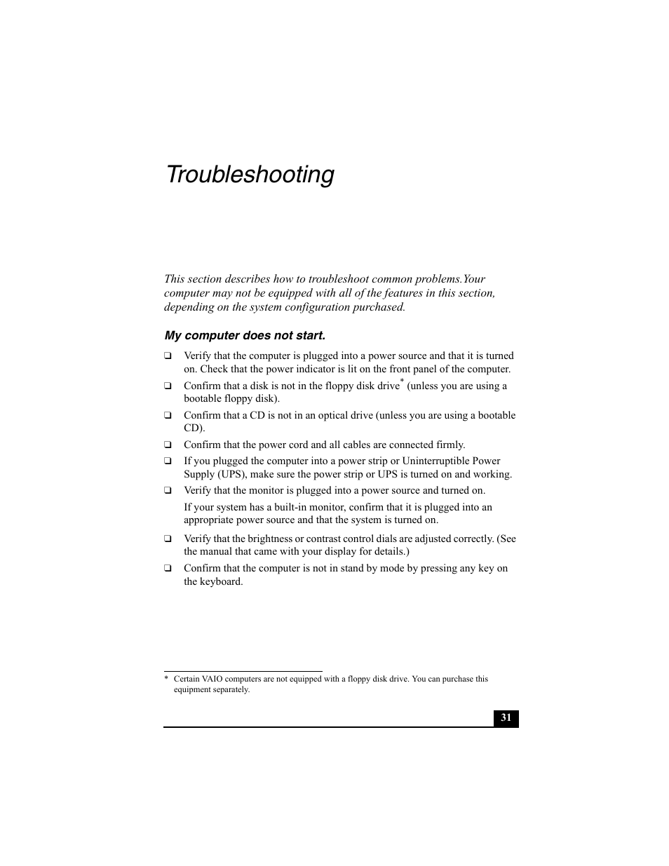 Troubleshooting, My computer does not start | Sony PCV-W30 User Manual | Page 31 / 52