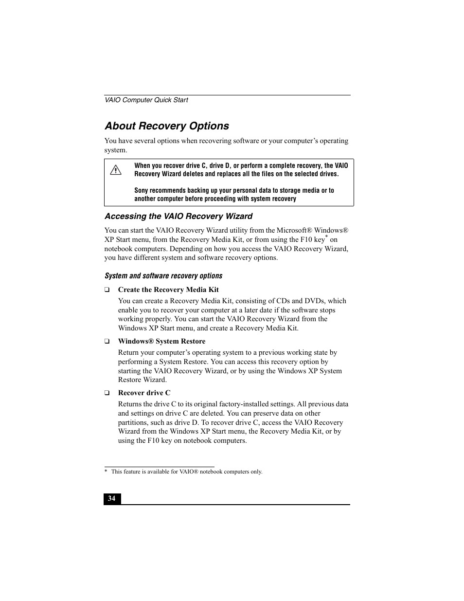 About recovery options, Accessing the vaio recovery wizard, System and software recovery options | Sony PCV-W30 User Manual | Page 34 / 52