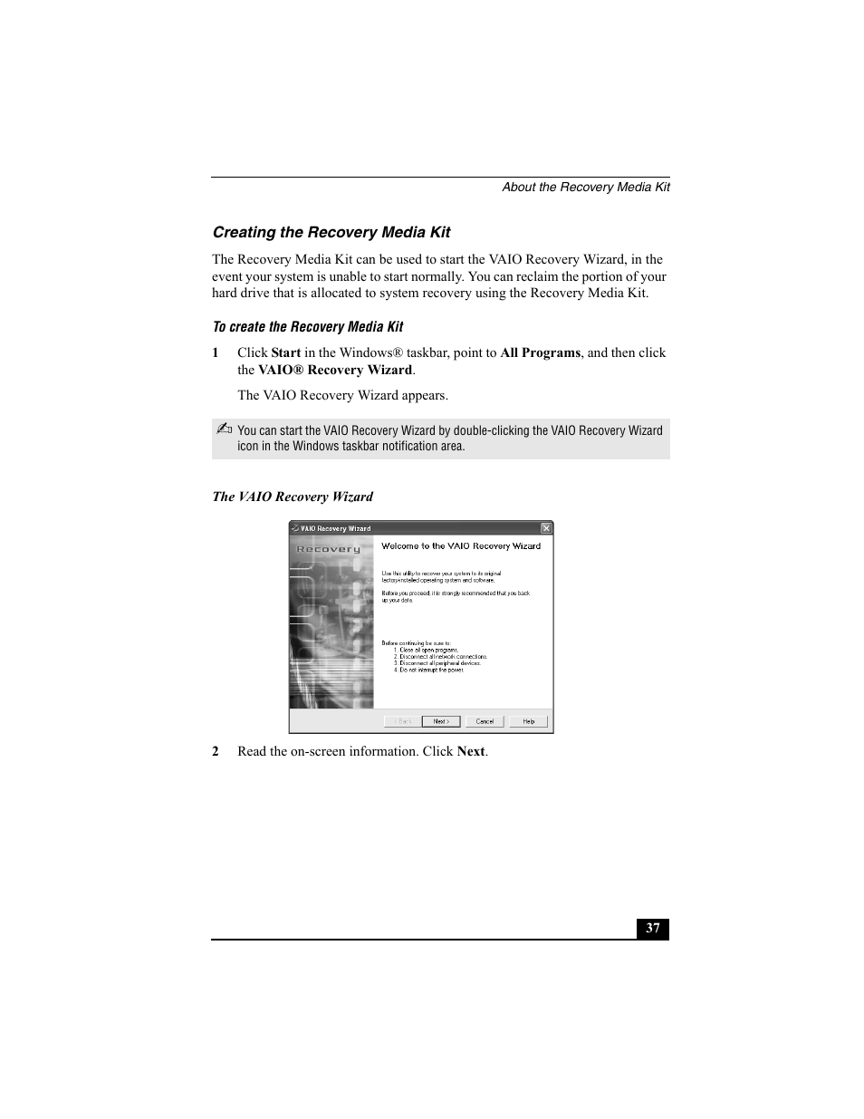 Creating the recovery media kit, To create the recovery media kit | Sony PCV-W30 User Manual | Page 37 / 52