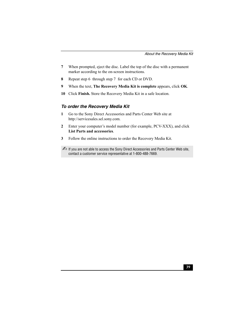 To order the recovery media kit | Sony PCV-W30 User Manual | Page 39 / 52