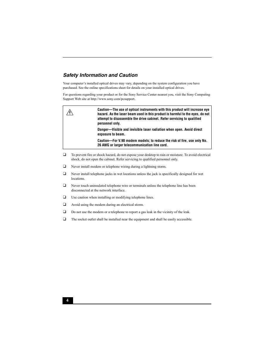 Safety information and caution | Sony PCV-W30 User Manual | Page 4 / 52