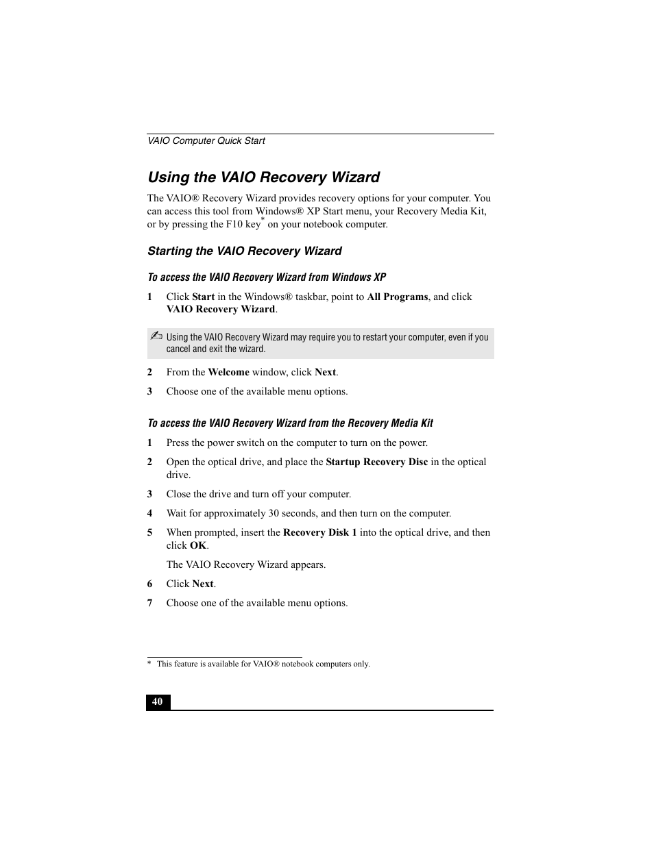 Using the vaio recovery wizard, Starting the vaio recovery wizard, To access the vaio recovery wizard from windows xp | Sony PCV-W30 User Manual | Page 40 / 52