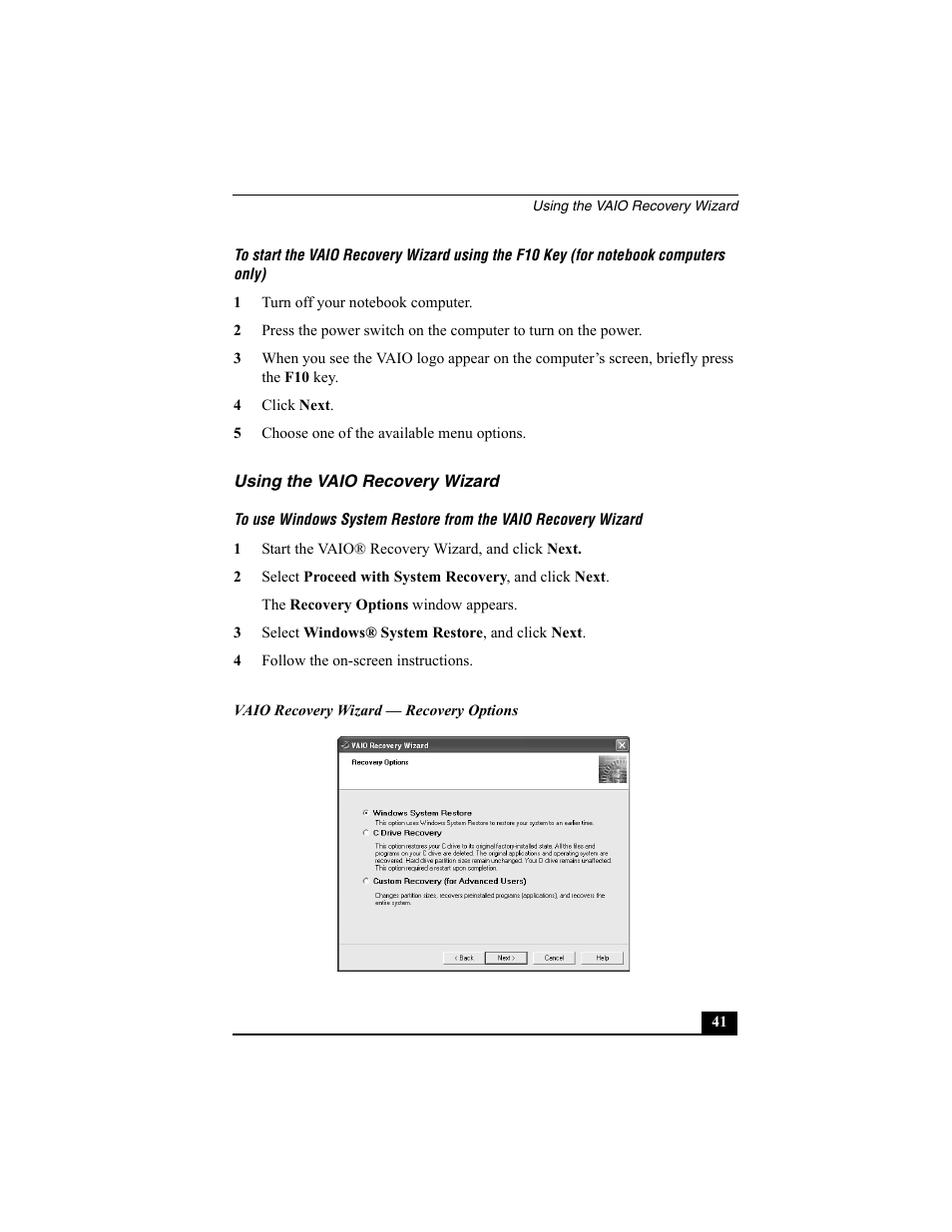 Using the vaio recovery wizard | Sony PCV-W30 User Manual | Page 41 / 52