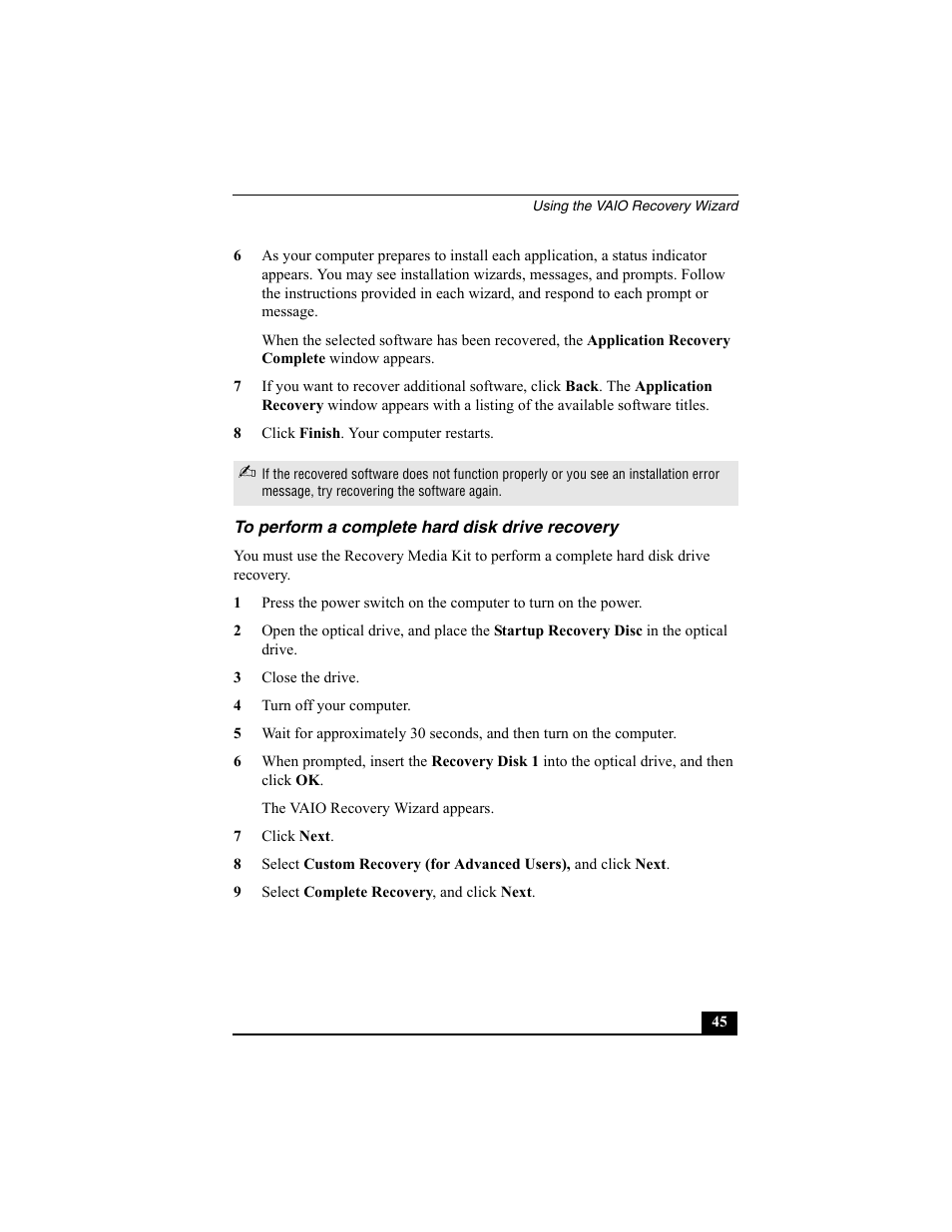 To perform a complete hard disk drive recovery | Sony PCV-W30 User Manual | Page 45 / 52