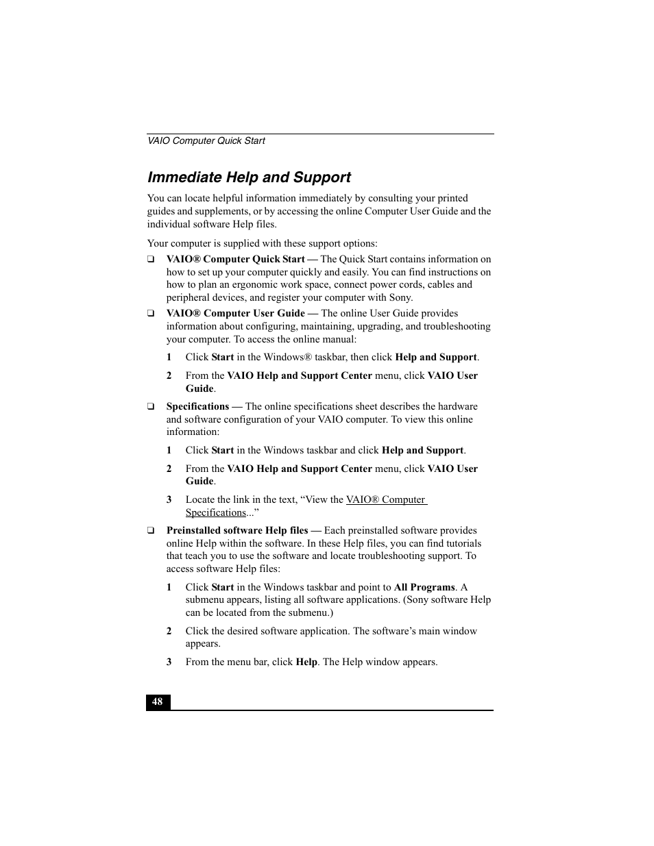 Immediate help and support | Sony PCV-W30 User Manual | Page 48 / 52