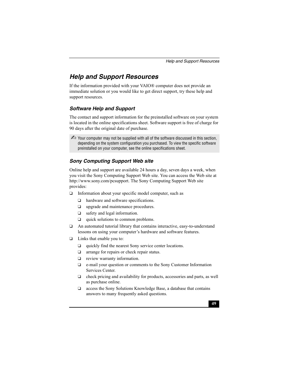 Help and support resources, Software help and support, Sony computing support web site | Sony PCV-W30 User Manual | Page 49 / 52