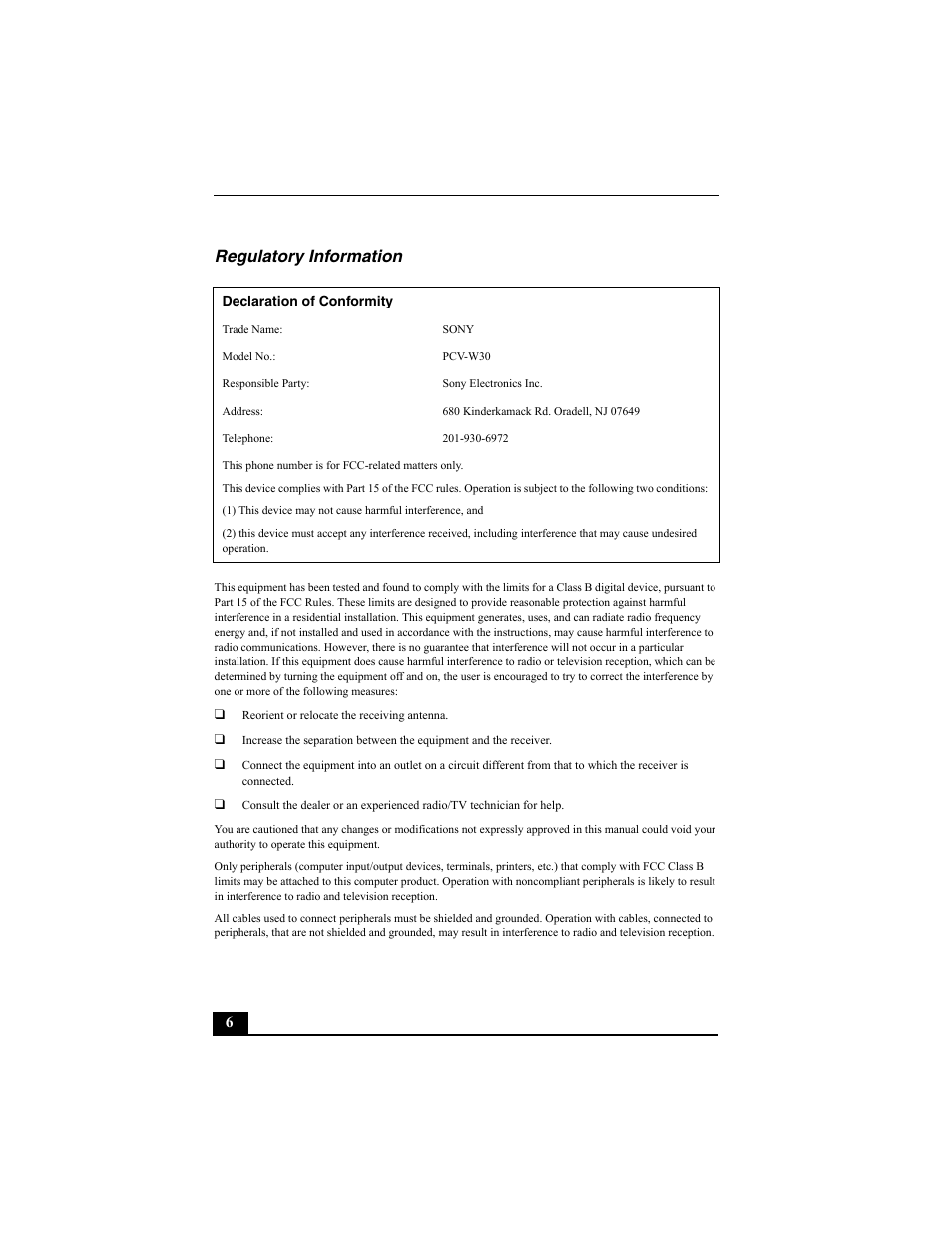 Regulatory information | Sony PCV-W30 User Manual | Page 6 / 52