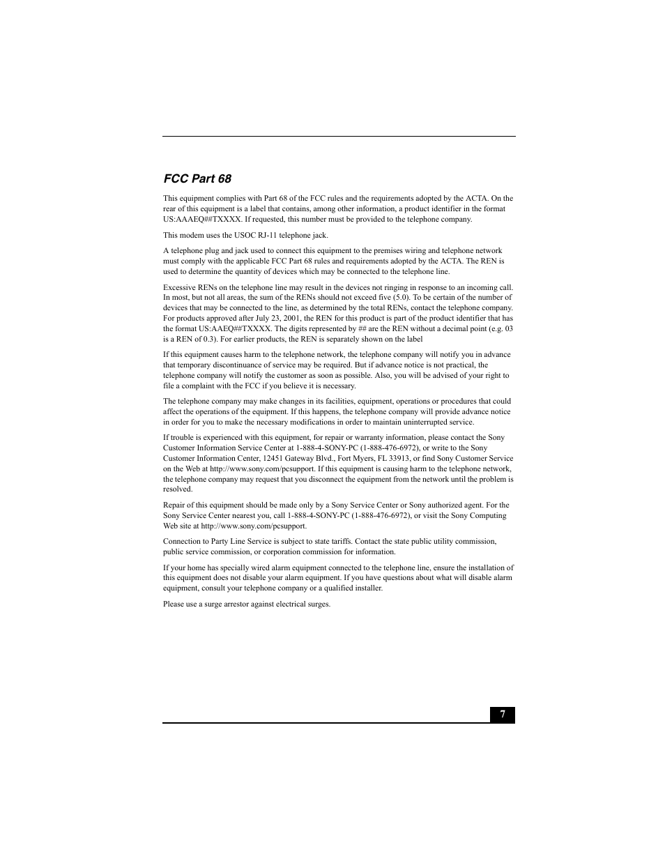 Fcc part 68 | Sony PCV-W30 User Manual | Page 7 / 52