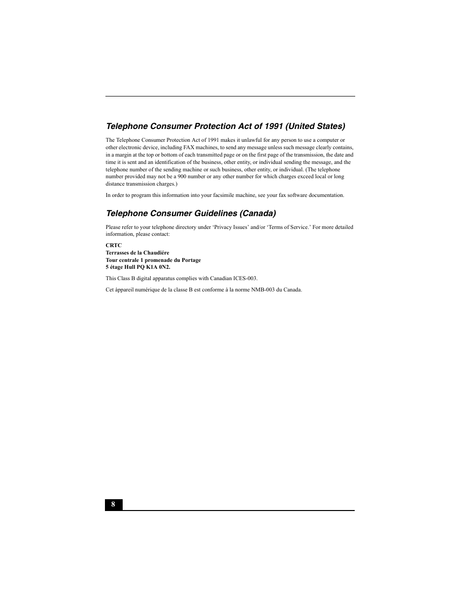 Telephone consumer guidelines (canada) | Sony PCV-W30 User Manual | Page 8 / 52