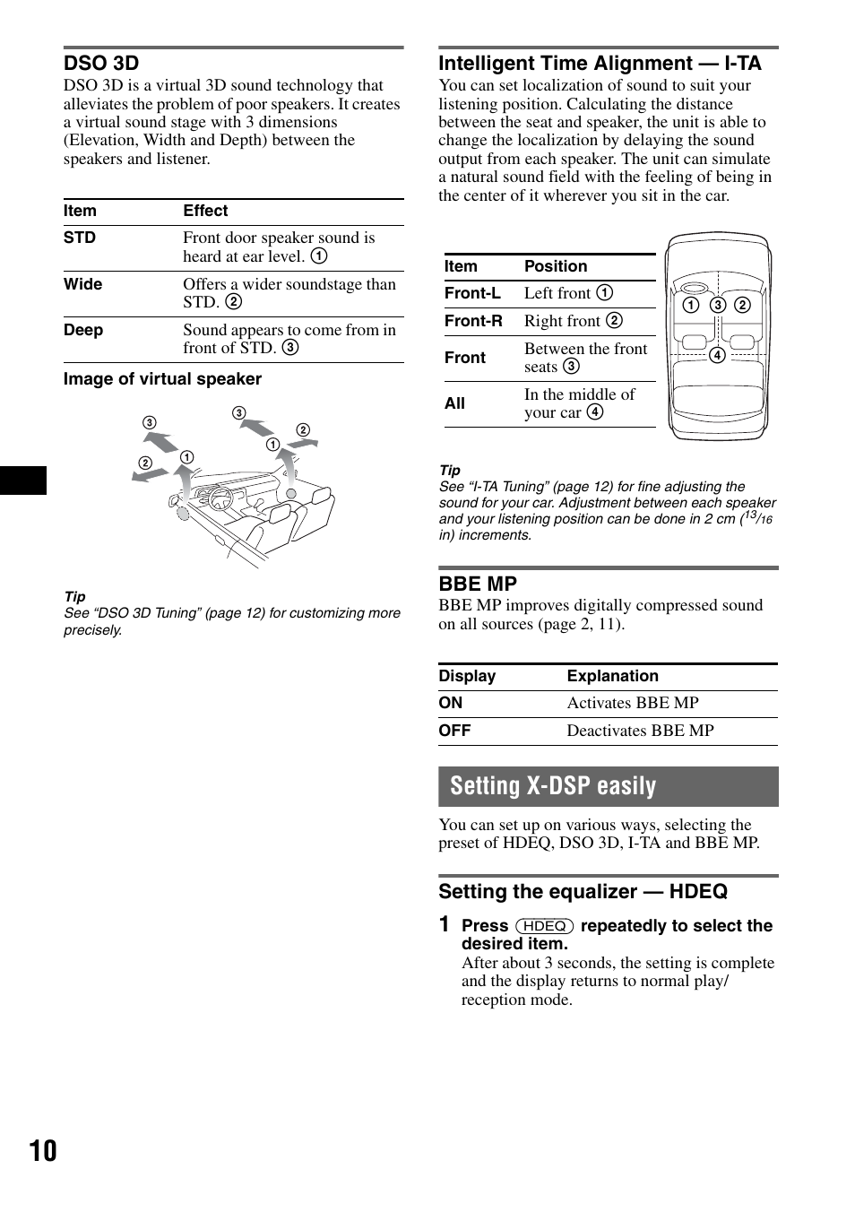 Dso 3d, Intelligent time alignment - i-ta, Bbe mp | Setting x-dsp easily, Setting the equalizer - hdeq, Dso 3d intelligent time alignment — i-ta bbe mp, Setting the equalizer — hdeq | Sony CDX-GT705DX User Manual | Page 10 / 72