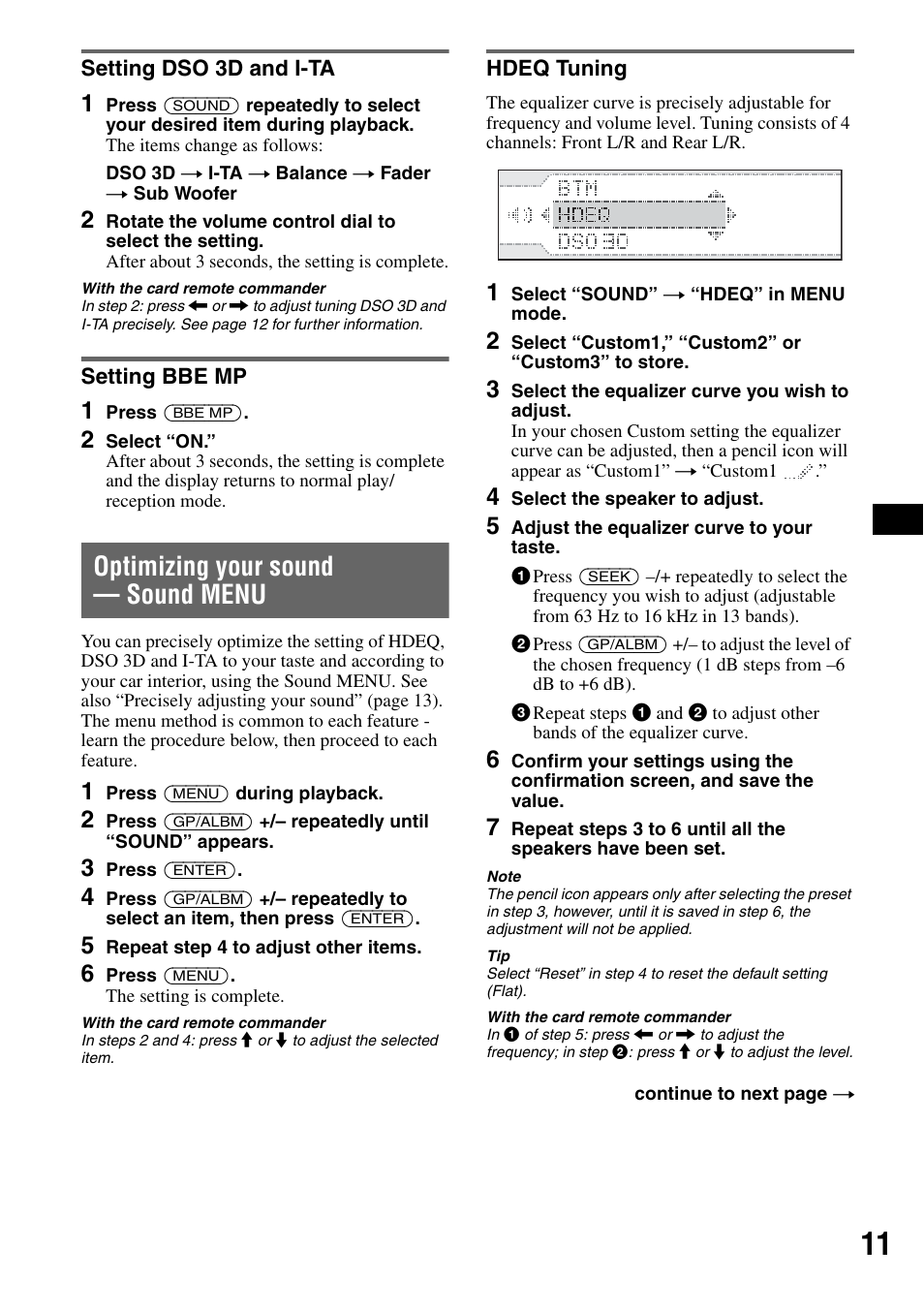 Setting dso 3d and i-ta, Setting bbe mp, Optimizing your sound - sound menu | Hdeq tuning, Setting dso 3d and i-ta setting bbe mp, Optimizing your sound — sound menu | Sony CDX-GT705DX User Manual | Page 11 / 72
