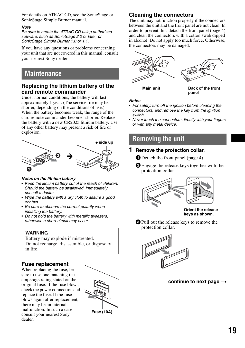 Maintenance, Removing the unit, Maintenance removing the unit | Sony CDX-GT705DX User Manual | Page 19 / 72