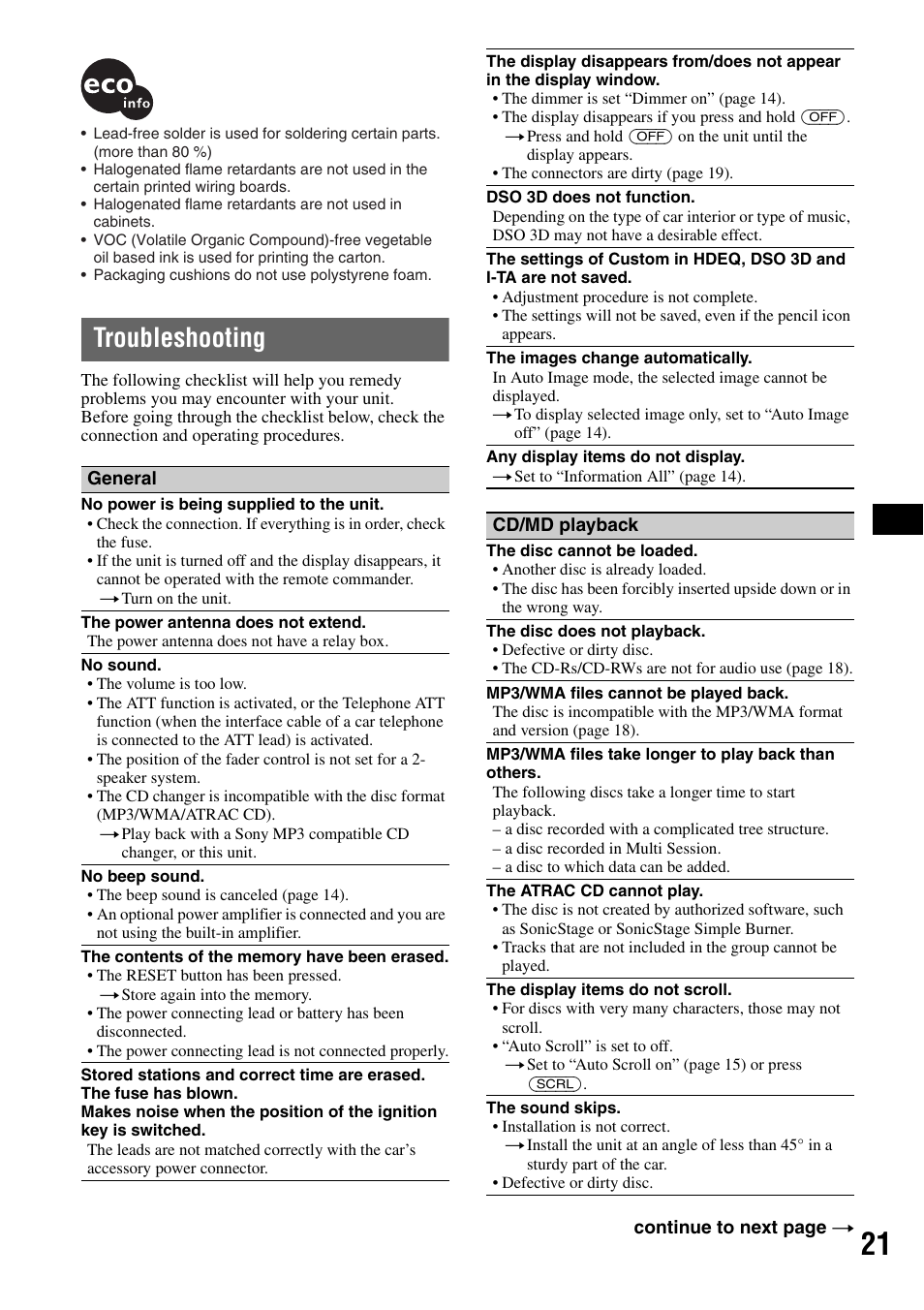 Troubleshooting | Sony CDX-GT705DX User Manual | Page 21 / 72