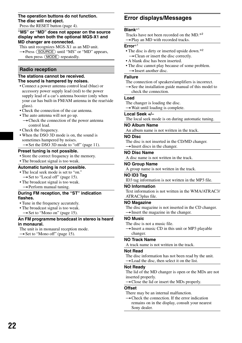 Error displays/messages | Sony CDX-GT705DX User Manual | Page 22 / 72