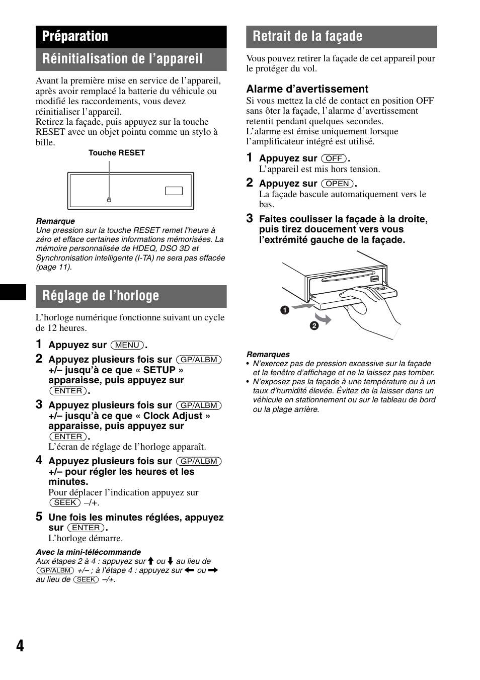 Préparation, Réinitialisation de l’appareil, Réglage de l’horloge | Retrait de la façade, Préparation réinitialisation de l’appareil | Sony CDX-GT705DX User Manual | Page 26 / 72