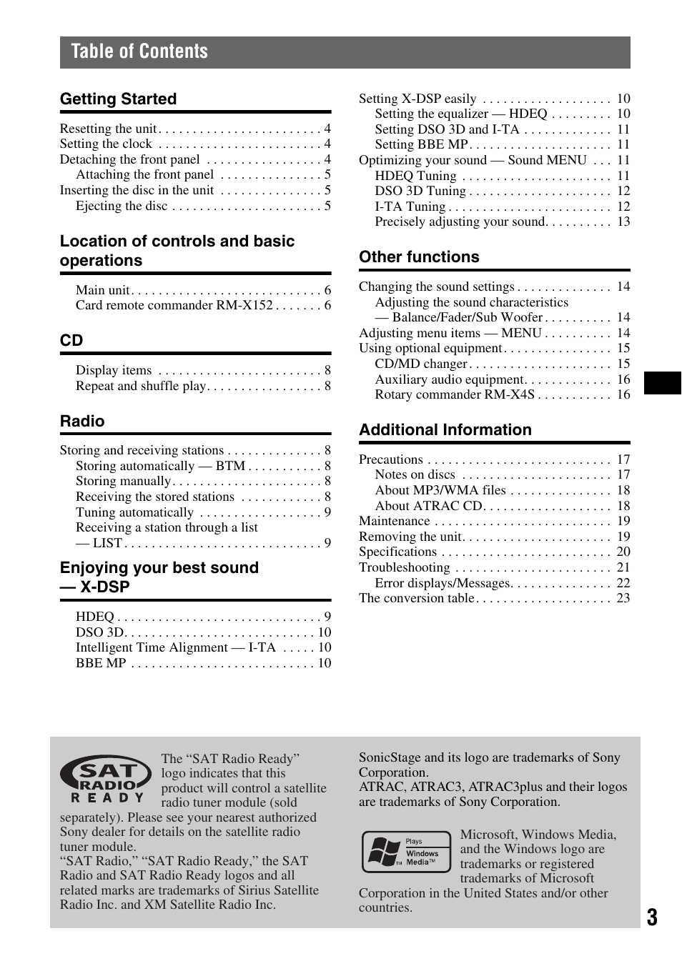 Sony CDX-GT705DX User Manual | Page 3 / 72