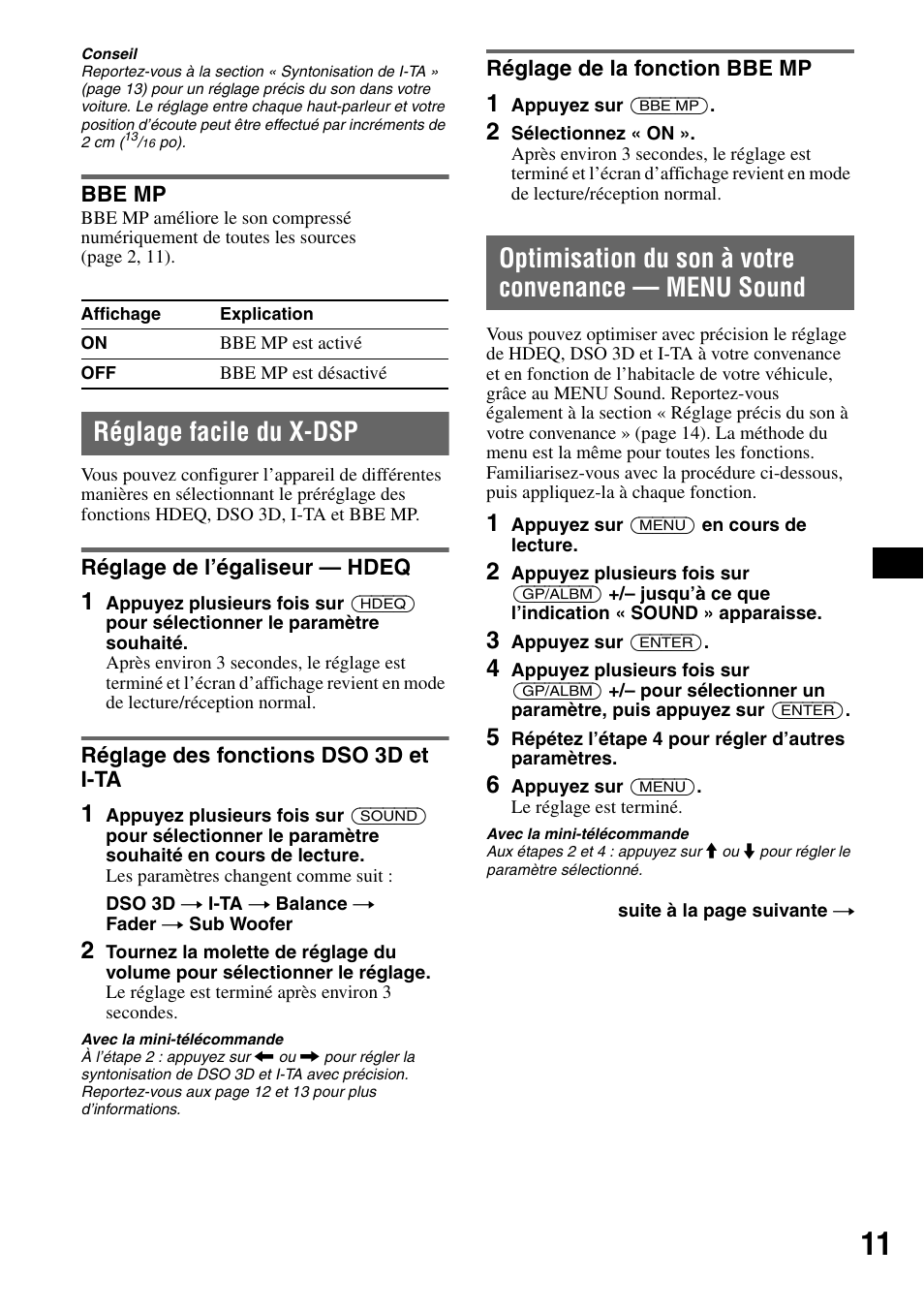 Bbe mp, Réglage facile du x-dsp, Réglage de l’égaliseur - hdeq | Réglage des fonctions dso 3d et i-ta, Réglage de la fonction bbe mp, I-ta réglage de la fonction bbe mp, Optimisation du son à votre convenance, Menu sound | Sony CDX-GT705DX User Manual | Page 33 / 72