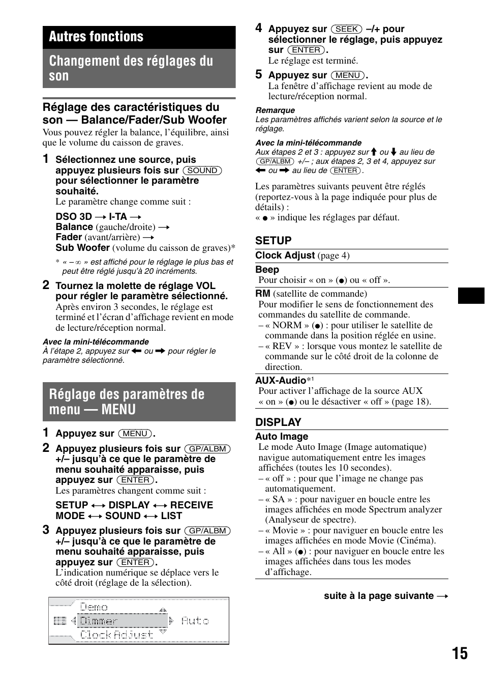Autres fonctions, Changement des réglages du son, Réglage des paramètres de menu - menu | Réglage des caractéristiques du son, Balance/fader/sub woofer, Réglage des paramètres de menu, Menu, Autres fonctions changement des réglages du son, Réglage des paramètres de menu — menu | Sony CDX-GT705DX User Manual | Page 37 / 72