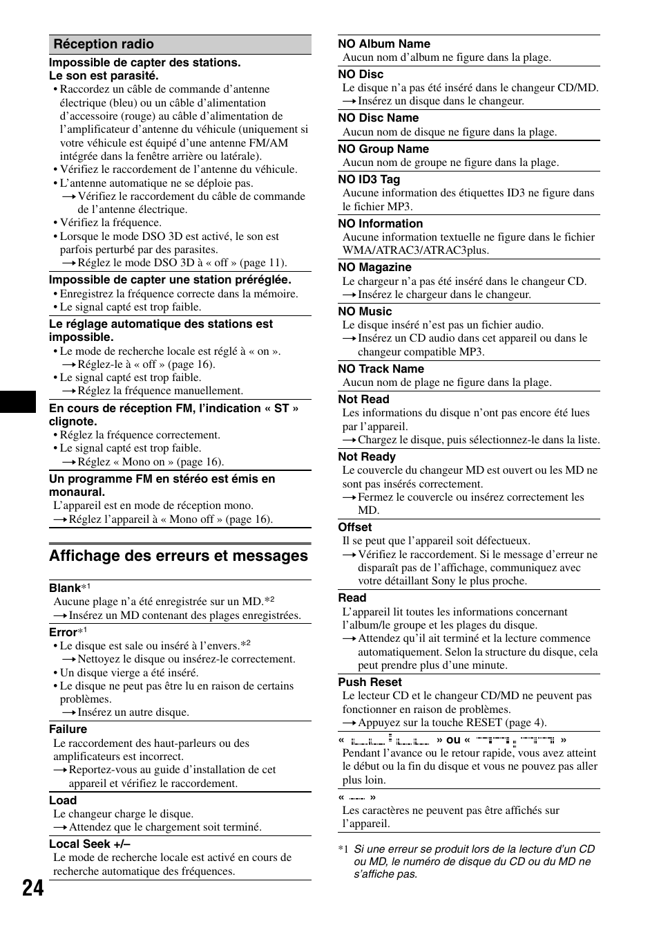 Affichage des erreurs et messages | Sony CDX-GT705DX User Manual | Page 46 / 72