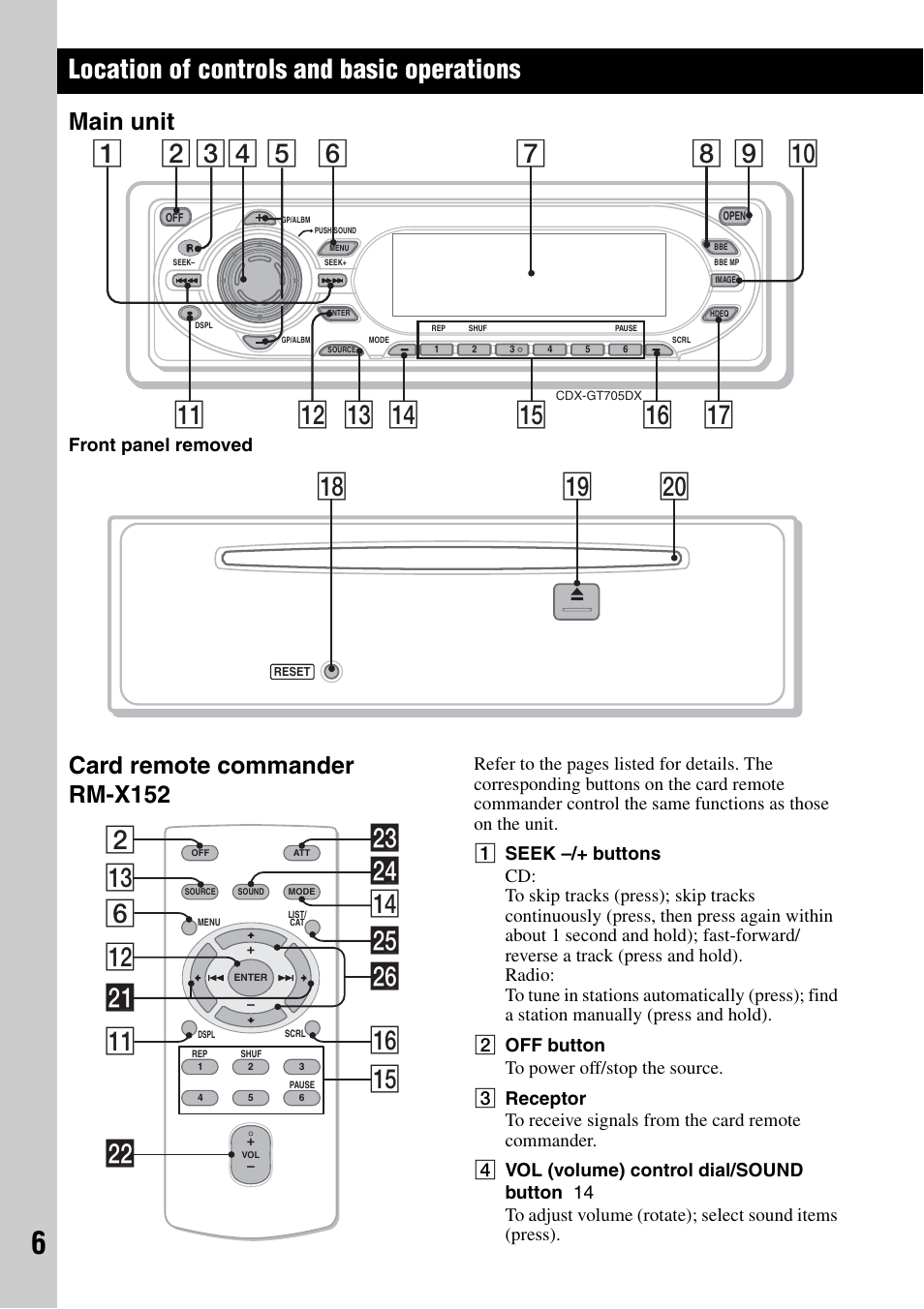 Location of controls and basic operations, Main unit, Card remote commander rm-x152 | Main unit card remote commander rm-x152, Qk ql w, Qd wg 6 wf qf 2 qs wa qa wd ws qg qh wh | Sony CDX-GT705DX User Manual | Page 6 / 72