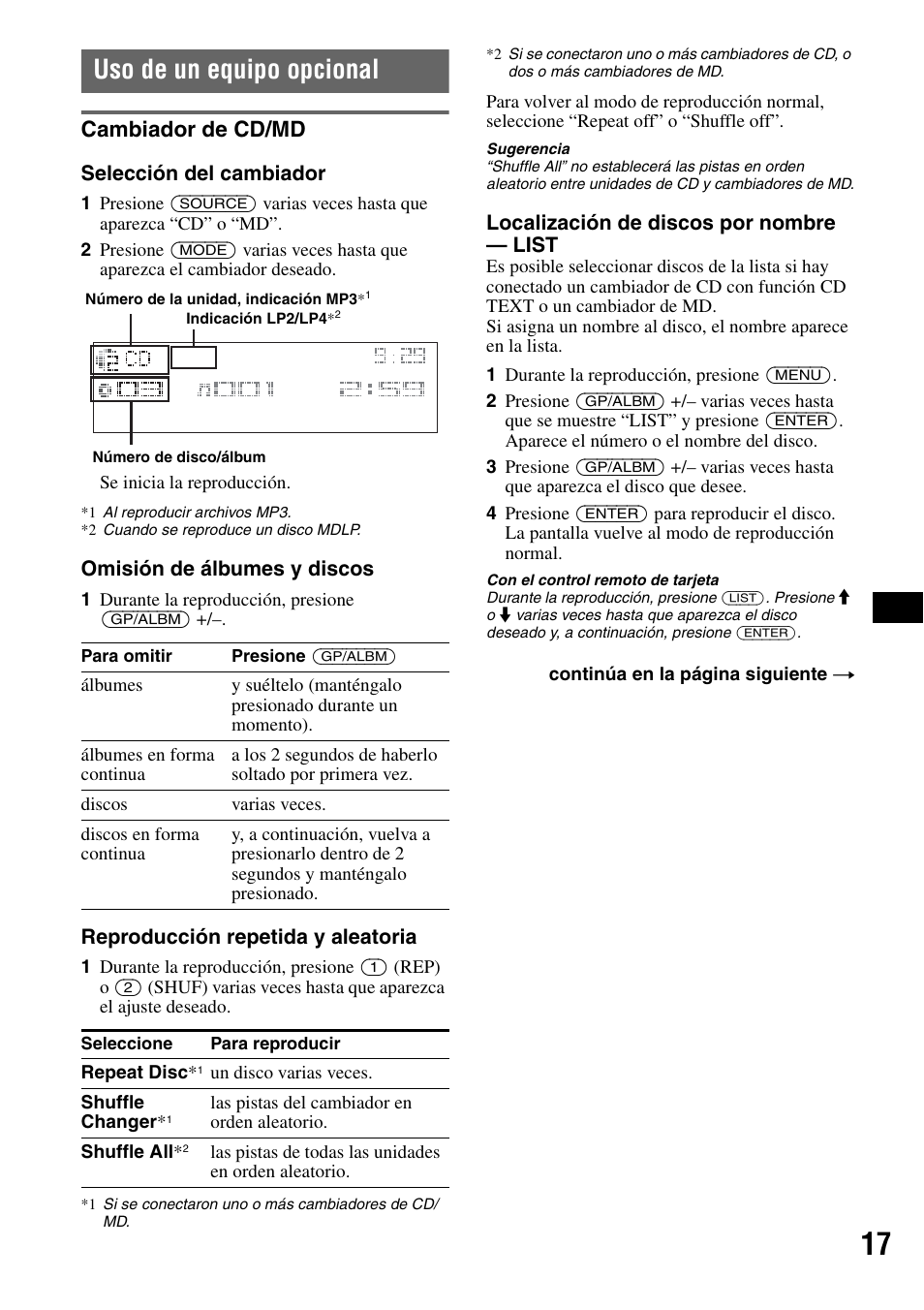 Uso de un equipo opcional, Cambiador de cd/md | Sony CDX-GT705DX User Manual | Page 63 / 72