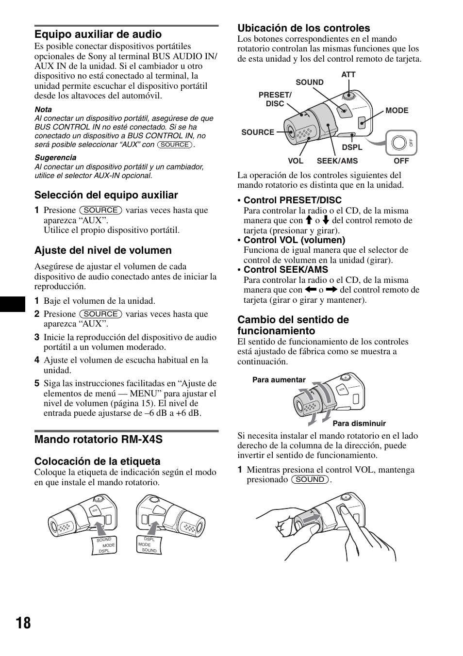 Equipo auxiliar de audio, Mando rotatorio rm-x4s, Equipo auxiliar de audio mando rotatorio rm-x4s | Selección del equipo auxiliar, Ajuste del nivel de volumen, Colocación de la etiqueta, Ubicación de los controles, Cambio del sentido de funcionamiento | Sony CDX-GT705DX User Manual | Page 64 / 72