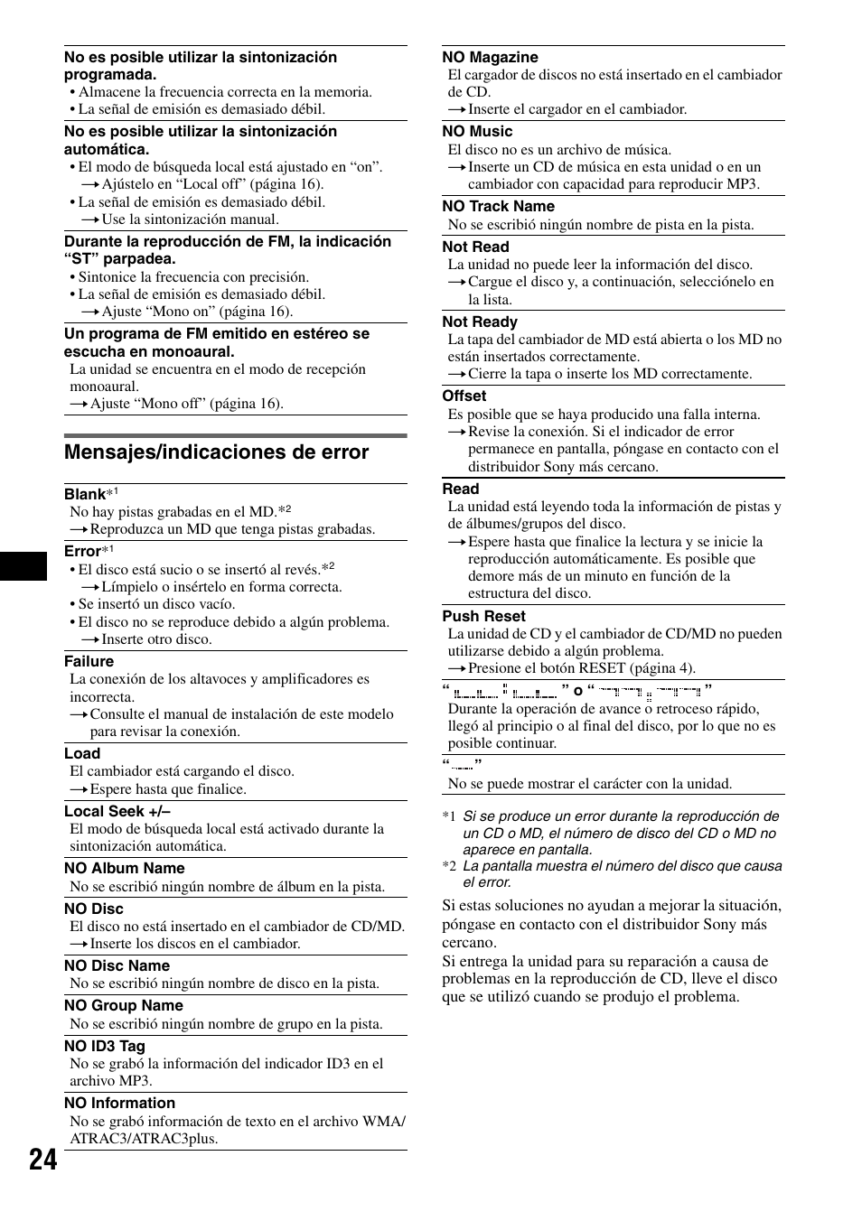 Mensajes/indicaciones de error | Sony CDX-GT705DX User Manual | Page 70 / 72