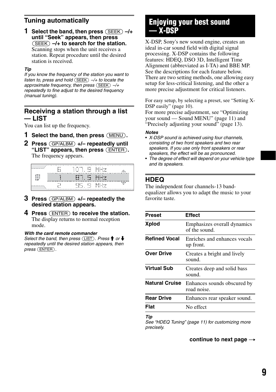 Tuning automatically, Receiving a station through a list - list, Enjoying your best sound- x-dsp | Hdeq, List, Enjoying your best sound, X-dsp, Enjoying your best sound — x-dsp | Sony CDX-GT705DX User Manual | Page 9 / 72