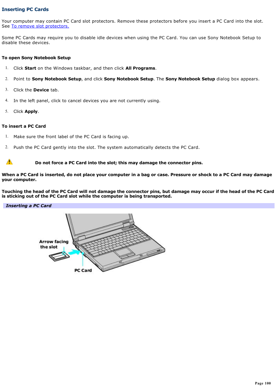 Inserting pc cards | Sony PCG-GRZ600 User Manual | Page 100 / 164
